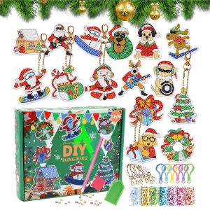 Kit de 15 porte-cl&eacute;s de No&euml;l &agrave; faire soi-m&ecirc;me avec pendentifs en acrylique et outil de per&ccedil;age pour la d&eacute;coration - Neuf