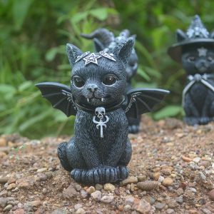 Ailé Occulte Chat Figurine en Polyrésine, Noir et Argent, 10 cm - Neuf