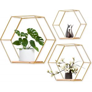 &Eacute;tag&egrave;res Murales Hexagonal Lot de 3, Etagere Murale Fer, &Eacute;tag&egrave;res M&eacute;talliques de Rangement pour Cuisine, Salle de Bain, Salon Chambre Bureau, &Eacute;tag&egrave;re en M&eacute;tal Flott&eacute; Afficher Plante Livres (Or) - Neuf