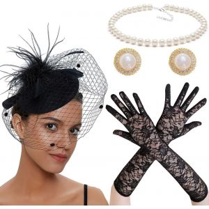 Kalvd-4 Pièces Femme Chapeau Mariage Elégante Voilette Mariée Coiffure Vintage En Maille Plumes Avec Gants En Dentelle,Collier,Boucles D'oreilles Pour Femme,Mariage,Bal,Église,Accessoires De Costume - Neuf