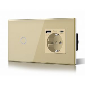 Schuko Interrupteur D'Éclairage, Prise, Encastré, 1 Compartiments, 2 Voies, Prise 3-En-1, Puissance De Charge Usb 2,1 A, Adaptateur De Type C, Station De Charge, Rallonge En Verre,[MAT790478] - Neuf