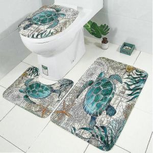 3 Pièces Marine Animal Print Antidérapant Doux Tapis De Bain Salle De Bain Ensemble Wc Contour Tapis Couvre Travail - Neuf