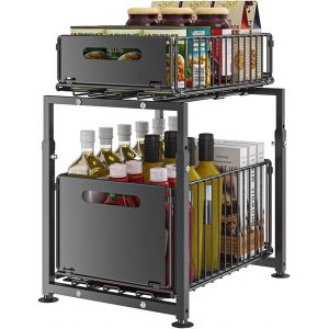 MEVRONISSHOP-Rangement sous Evier 2 Niveaux Organisateur de Cuisine en M&eacute;tal &eacute;tag&egrave;re &agrave; &eacute;pices Organiseur Coulissant (Noir, Mod&egrave;le-A) - Neuf