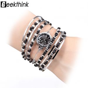 Montre Analogique A Quartz Geekthink, Bracelet Jonc Ouvert, Boitier Rond En Acier, Noir - Neuf