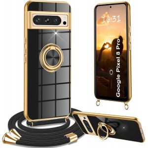 Kal-Coque Google Pour Pixel 8 Pro Avec Cordon, Coque Pour Google Pixel 8 Pro Avec Collier Silicone Housse 360° Voiture De Bague Magnétique Antichoc Étui Avec Cordon Collier Réglable Case Cover, Noir - Neuf