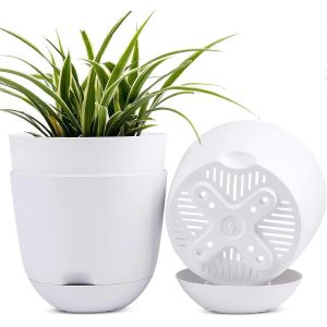 pots de plantes,paquet de 3 jardinières à arrosage automatique de 8 po à haut drainage avec réservoir de soucoupe profond pour jardin intérieur et extérieur Fleurs Pot de plante-Blanc - Neuf