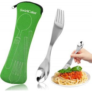 Kalanka-Spork Couvert Camping, R&eacute;utilisable Spork En Acier Inoxydable Portable Fourchette Cuillere 2 En 1 Outdoor Pique Nique Sac De Couverts Pour Voyage (Vert) - Neuf