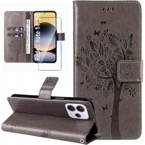 Kal-Coque Pour Xiaomi Redmi Note 14 5g Etui Portefeuille Cuir Avec Verre Trempé Motif Porte Carte À Rabat Clapet Housse Protection Flip Case Étui Coque Pour Xiaomi Redmi Note 14 5g-Gris - Neuf
