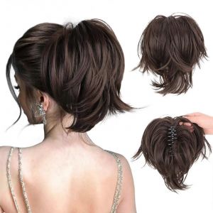 Pince Chignon D&eacute;sordonn&eacute; Morceau De Cheveux Synth&eacute;tique Brune, Courte Queue De Cheval Extension Avec Flexible De Fil Pour Les Femmes De Bricolage Facile Bun - Neuf