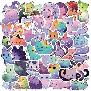 50pcs Dessin Anim&eacute; Arc-En-Ciel Ciel &Eacute;toil&eacute; Chat Autocollants,Mignon Esth&eacute;tique Chat Autocollants Imperm&eacute;ables Pour Bouteille D'eau - Neuf