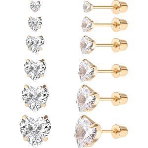 Kal-Lot De 6 Paires De Clous D'oreilles En Acier Inoxydable Chirurgical Avec Vis Arrière Plaqué Or 18 Carats En Forme De Coeur, Étoile, Carré, Coupe Princesse, Rondes, Zircons Cubiques Blancs, Pour Fe - Neuf