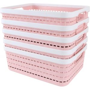 Lot de 5 Panier de Rangement en Plastique avec Poign&eacute;es,Petit Bo&icirc;te de Rangement Organisateur,Corbeille de Rangement Portable pour Cuisine,Bureau,Salle de Bain-286 x 220 x 110MM,Rose - Neuf
