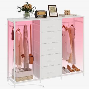 Ulteronixshop-Commode &agrave; 5 tiroirs avec porte-v&ecirc;tements - Commode avec tringle &agrave; v&ecirc;tements - Lumi&egrave;res LED - Penderie - Tiroirs - Station de charge - &Eacute;tag&egrave;re flexible - &Eacute;tag&egrave;res ouvertes pour salon - Neuf