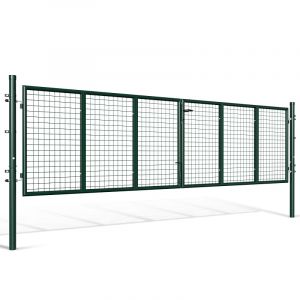 Portail De Jardin Double Battant - Vert, 350x100cm - Portillon Grillag&eacute; - Avec Poign&eacute;e, Serrure, Cl&eacute;s Et Verrouillage Au Sol - Acier Galvanis&eacute; - Neuf