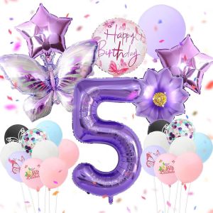 24Pcs Ballon Papillon Violet Anniversaire 5 Ans Ballons en Aluminium Papillon Fleurs Ballon Anniversaire Enfant Party Deco Nombre 5 Ballon pour Fille Garçon Anniversaire Party Décoration - Neuf