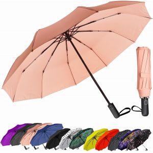 Parapluie De Voyage Compact Coupe-Vent - Parapluie Automatique Pour La Pluie - Petit Parapluie Portable Coupe-Vent Pour Homme, Femme, Adolescent (Pois Blancs) - Neuf