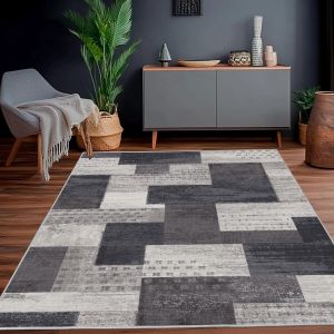 Tapis D'int&eacute;rieur Moderne Patchwork G&eacute;om&eacute;trique - Anthracite - 80 X 150 Cm - Grands Tapis De Collection Rockwood - D&eacute;coration De Sol Pour Chambre &Agrave; Coucher - Gris Doux - Poils Courts - Neuf