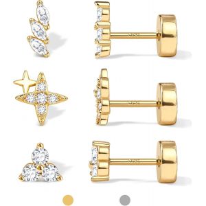 Kal-3 Paires Boucles D'oreilles Argent 925 Pour Femme Homme Hypoallergénique Boucles D'oreilles Or 14 Carats Petites Boucle D'oreille Cz Lune Étoile Soleil Cartilage Helix Conch Piercing Argent Or - Neuf