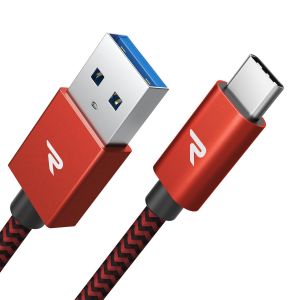 RAMPOW Cable USB C, Charge Rapide 3A USB3.0&QC3.0, Cable Chargeur USB C Cable Nylon Tress&eacute; Compatible avec iPhone 17 Pro Max Air 16/15, SamsungS22/S21/S20/S10, Xiaomi, Sony-Rouge/2M - Neuf