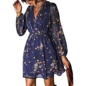 Mini Robe En Mousseline De Soie À Manches Longues Pour Femme Imprimé Floral - Neuf