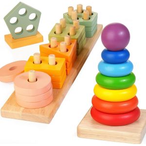 ChenQuanSarl-Jouets A Empiler En Bois Jouets Montessori Pour Les Enfants De 1 2 3 Ans Trieur De Formes Anneaux D'Empilage De Couleur Jouets Éducatifs D'Apprentis Préscolaire Cadeaux Pour Bébés Garçon - Neuf