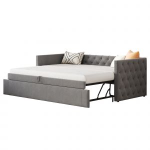 Lit rembourr&eacute;, canap&eacute;-lit extensible 90*200 cm avec sommier &agrave; lattes, lit multifonctionnel/lit d'appoint, tissu velours doux pour la peau, gris (matelas non inclus) - Neuf