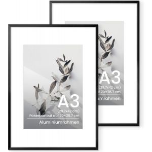 CMWX-Lot de 2 cadres photo A3 en aluminium, noirs, format A3, pour photos de 29,7 x 42 cm sans passe-partout ou photos de 20 x 28,7 cm, avec passe-partout, en m&eacute;tal, avec verre tremp&eacute;, pour art mural - Neuf