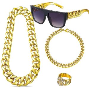 Ensemble De D&eacute;guisement Hip-Hop Pour Homme, Accessoires De Rappeur, Costume Hippie Comprenant Cha&icirc;ne Dor&eacute;e, Collier Et Bague Avec Symbole Dollar, Lunettes De Soleil Noires Et Dor&eacute;es, Tenue Disco - Neuf