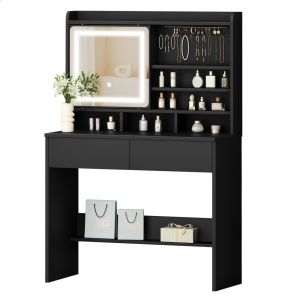 ALFORDSON Coiffeuse avec miroir, coiffeuse avec 2 tiroirs et porte-bijoux, miroir LED &agrave; intensit&eacute; variable et 3 modes de couleur r&eacute;glables - Neuf