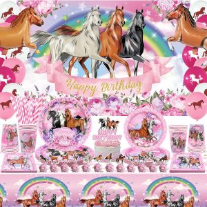 Tianyi-Fournitures De Fête De Cheval Rose Pour Fille, 159 Décorations Sur Le Thème Du Cheval Comprenant Une Toile De Fond Joyeux Anniversaire, Des Assiettes En Papier, Pour 20 Personnes - Neuf