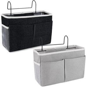 Organisateur de chevet, lot de 2 sacs de chevet suspendus, panier de rangement imperm&eacute;able avec 3 poches, rideau pour lit mezzanine (noir et gris) - Neuf