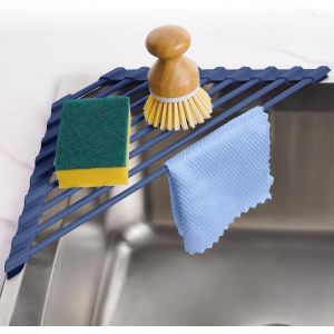 Eryi-Égouttoir À Vaisselle Triangulaire Compact Recouvert De Silicone Pour Coin D'évier U2013 Organiseur Et Étagère De Rangement Pliable En Acier Inoxydable (Bleu Foncé) - Neuf