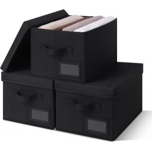 Boîtes de Rangement avec Couvercle,Lot de 3 Boites Rangement Vetement,Boîte de Rangement Tissu pour Étagères,Paniers et Boîtes de Rangement Rectangulaire pour Placard,Noir - Neuf