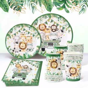 Checarzhn--No1-Kit Assiette Jetable Anniversaire, Animaux De La Jungle Vaisselle Avec Serviette Papier, Assiettes, Gobelet Carton, Vaisselle Et Arts De La Table Pour Bapteme, Baby Shower, Deco Annive - Neuf
