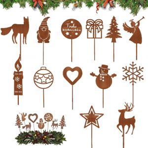 Mevronisshop-Lot De 13 Piquets De Jardin En Métal Rouillé - Décoration De Jardin Rouillée - Décoration De Jardin Pour L'avent Et Noël - Neuf