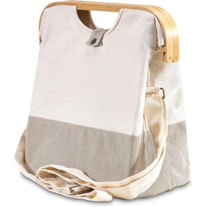 SJZG-Sac Cabas Avec Poign&eacute;e En Bois Naturel, Sac &Agrave; Main Pliable, Sac Fourre-Tout Avec Bandouli&egrave;re, &Eacute;cologique, Sac &Agrave; Bandouli&egrave;re, Panier Pliant, 35 X 18 X 35 Cm (Nature-Beige) - Neuf