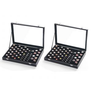 Bo&icirc;te De Pr&eacute;sentation Pour Bagues &Agrave; 100 Emplacements Avec Couvercle En Verre - Neuf