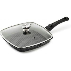 Subzonal-Pcui001022 - Po&ecirc;le Grill En Fonte D'aluminium 28x28cm, Couvercle Verre - Rev&ecirc;tement Anti-Adh&eacute;sif Fa&ccedil;on Pierre - Manche Amovible - Tout Feu, Noir - Neuf