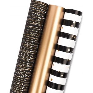 SHIBA-Rouleau De Papier D'Emballage Cadeau - Mini rouleau - 3 Motifs Différents De Rayures Or Noir (42,5 pieds carrés) - 43,2 cm X[1 - Neuf