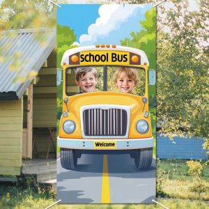 Checarzhn--No1-Bannière De Porte Avec Photo D'arrière Plan De Bus, Toile De Fond Pour Photo De Large Taille En Tissu Sur Le Thème Des Bus Accessoires De Décor Pour Fête D'anniversaire 90x180cm - Neuf