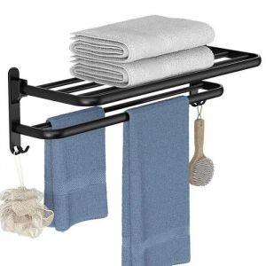 Porte-serviettes mural pour salle de bain - Sans perçage - Noir mat - 2 niveaux - Pliable - Mural autocollant en aluminium - 50 cm - Neuf