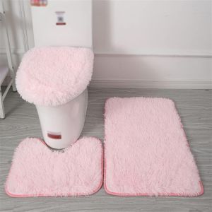 KAL-Lot De Tapis De Bain Antidérapant, 3 Pièces, Tapis Contour Toilette À Poils Longs, Shaggy Couvercle Pour Abattant Wc Rose - Neuf