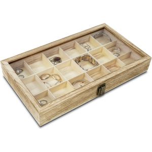 Présentoir À Bijoux En Bois Avec Couvercle En Verre Trempé Et Plateau À 18 Compartiments, Boîte De Collection Rock, Vitrine En Cristal, Couleur Chêne - Neuf