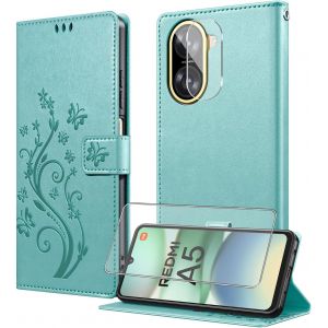 KAL-Coque Pour Xiaomi Redmi A5 4G Avec 1 Verre Trempé,1 Protection Camera,Étuis Rabat [Housse En Cuir Pu][Fentes Pour Cartes][Pochette De Portefeuille][Stand Feature]- Vert - Neuf