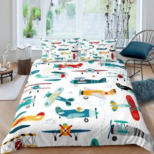 Sjzg-Avions Enfants Housse De Couette 140x200cm Dessin Anim&eacute; Avion Parure De Lit Mignon B&eacute;b&eacute; Gar&ccedil;on Fille Cadeau Sets De Housse De Couette Avec 1 Taies D'oreiller - Neuf