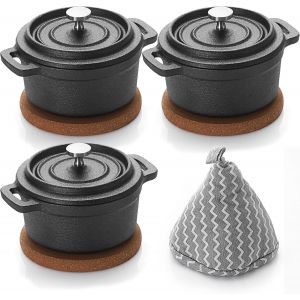 Subzonal-Lot De 3 Mini Cocottes Rondes En Fonte De 236,8 G Avec Couvercle Et Tapis En Li&egrave;ge Pour F&ecirc;te De Famille, Pique-Nique - Neuf