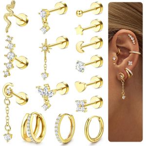 15 X Piercing Helix Earrings Women's Surgical Steel Piercing Ear Cartilage Earrings Hoop Tragus Piercing Rings Conch Lobe Helix Piercing Gold Silver - Neuf