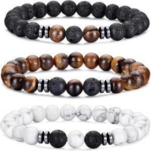 Kalanka-Bracelet Oeil De Tigre Homme 8mm Bracelet Pierre Naturelle Homme Ensemble De Bracelets Réglables Et Extensibles En Pierre De Lave Pour Hommes Bracelets De Perles Cadeaux Pour Père Petit Ami - Neuf