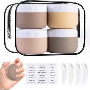 nzqaf-Lot de 4 Pots à Crème en Silicone de 40ml ¿ Avec Cuillère, Étiquettes et Pochette de Voyage, Sans BPA, Idéals pour Cosmétiques et Voyage - Neuf