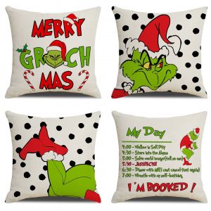 Ensemble De 4 No&euml;l Taies D'oreiller 45 X 45 Cm - Grinch Carr&eacute; Housse De Coussin Pour Canap&eacute;, Chambre &Agrave; Coucher, Salon, D&eacute;cor &Agrave; La Maison - Neuf
